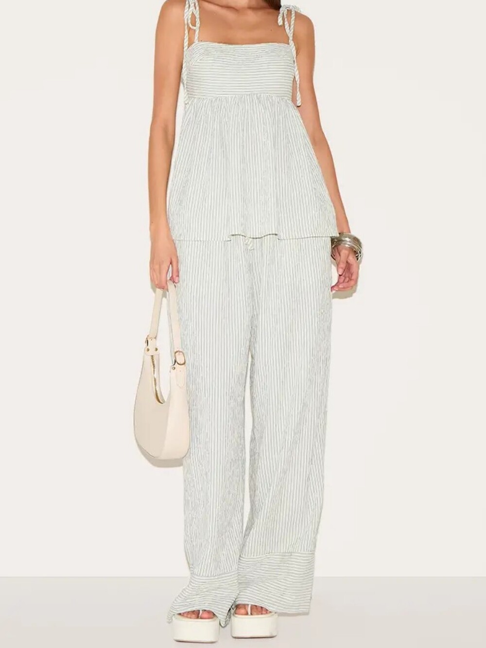 NWT Striped Tie-Shoulder Wide Leg 2 Piece Set - White/Sage Green  (0089)